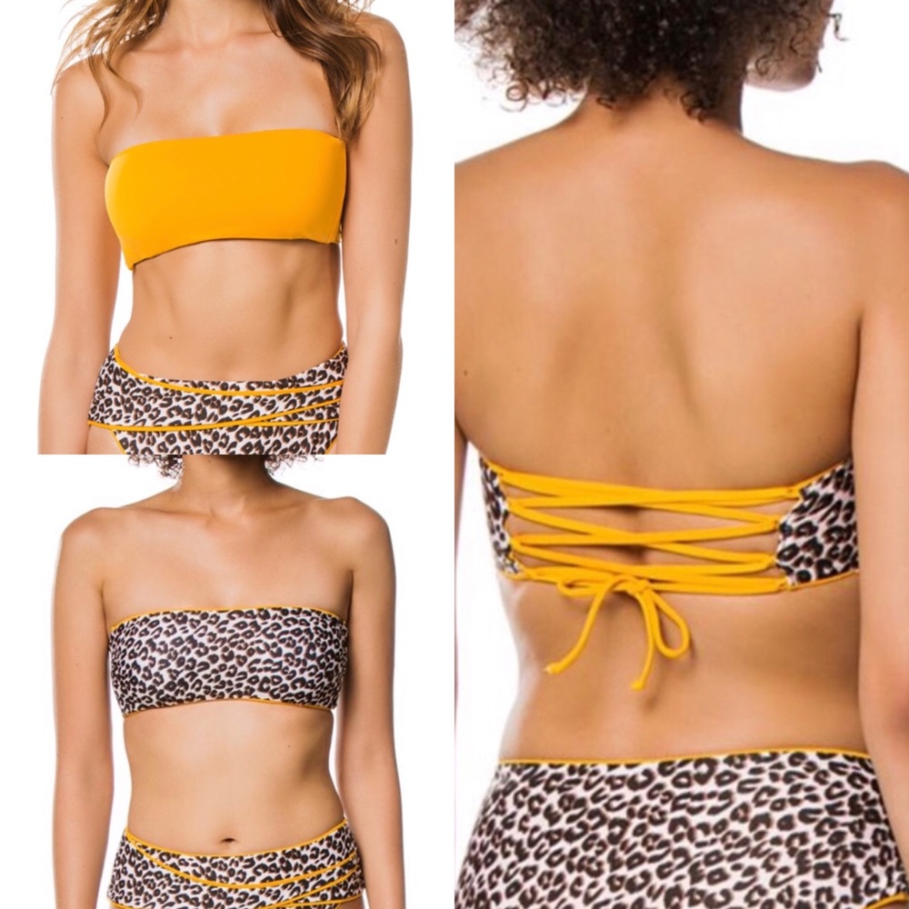 Becca Reversible Yellow Cheetah Print Bandeau Bikini Top Lace Up Back Strapless